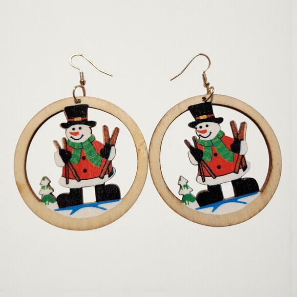 Round Wood Snowman Earrings Christmas Holiday Lightweight 2.3x3.2" - Picture 1 of 8